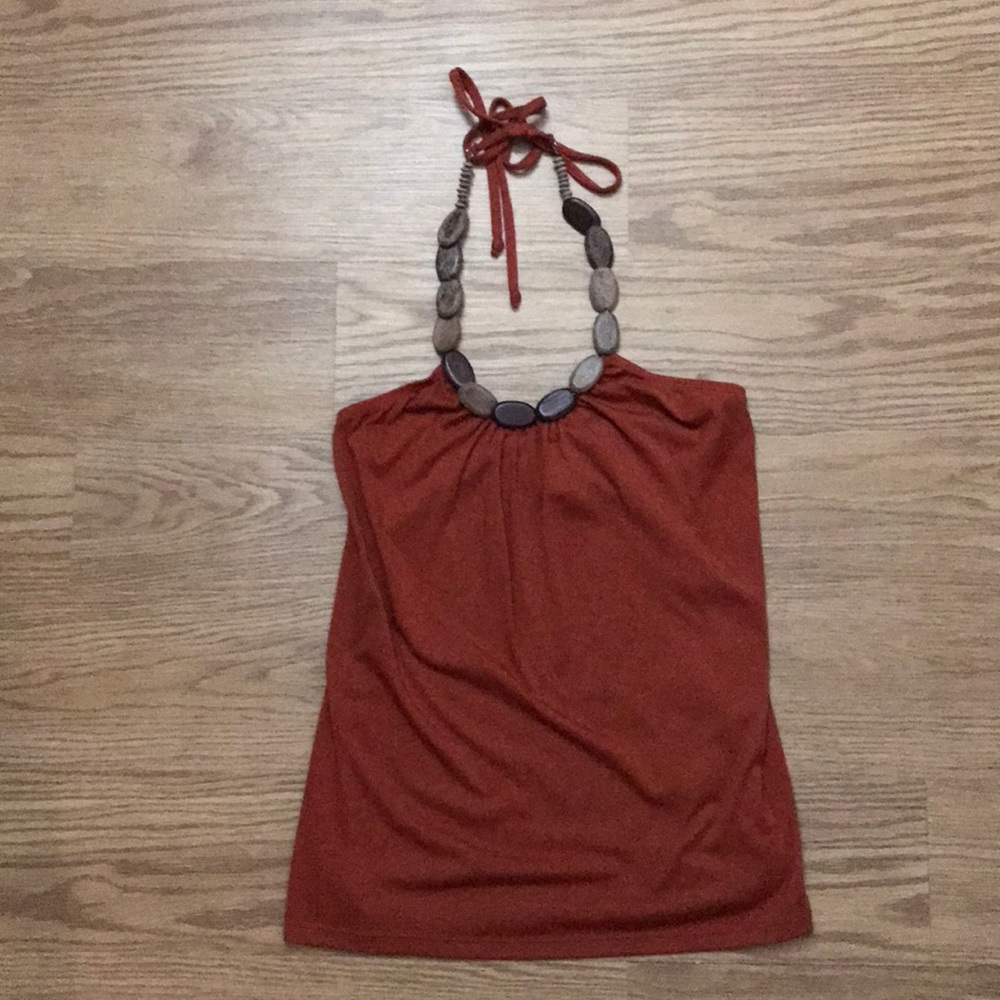 Beach halter tank with wood embellishments